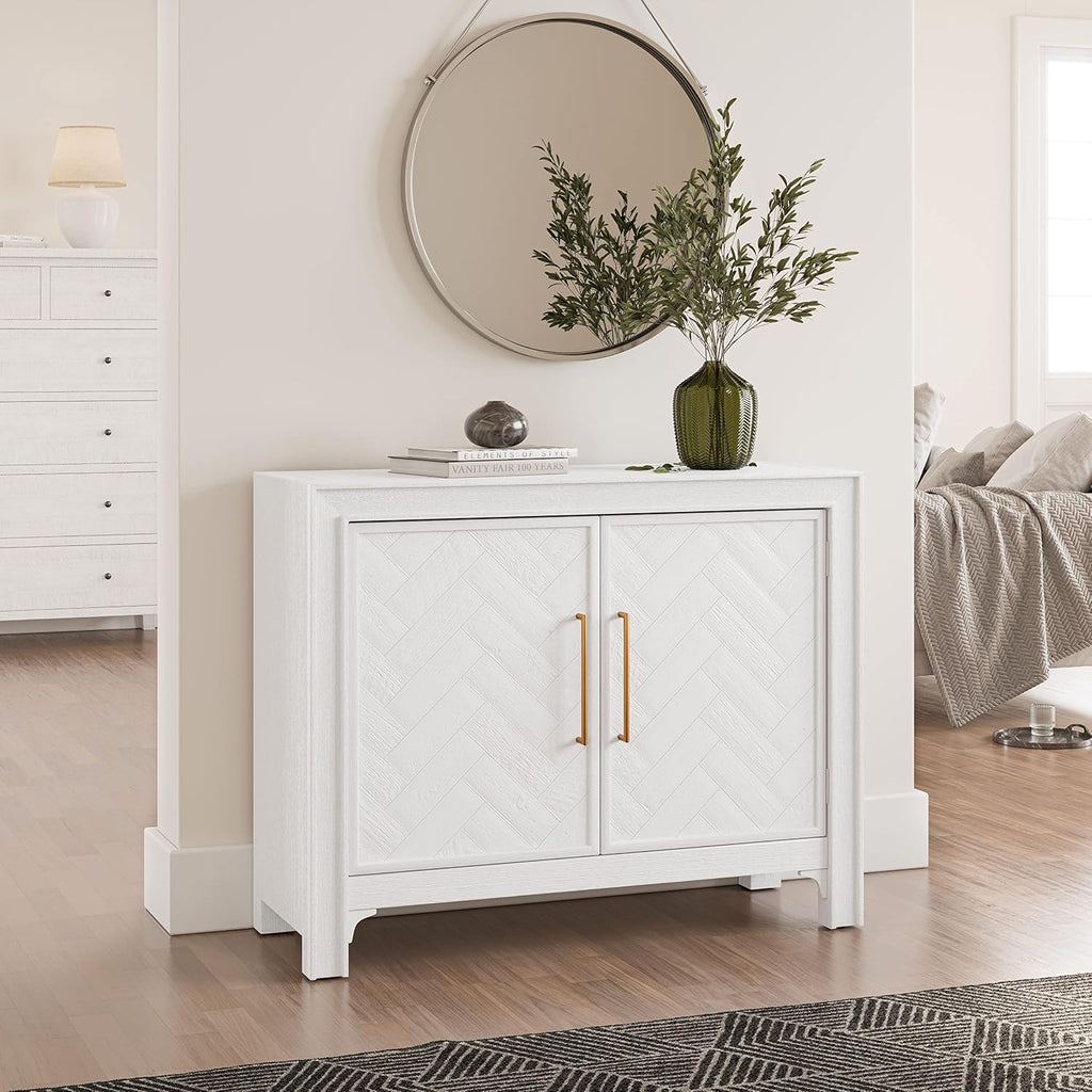 Accent Chest with Two Doors, Acacia Wood Chevron Cabinet Entryway, Mid-Century Modern Storage Sideboard, Blanc White