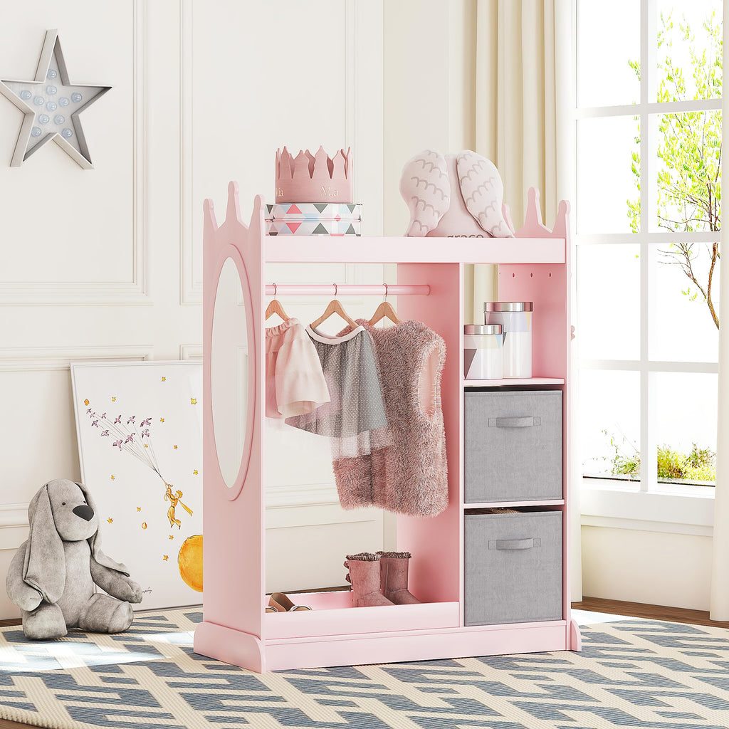Kids Armoire Wardrobe Closet with Mirror and Storage Bin, Pink, 33.4 in W x 15.75 in D x 44.5 in H