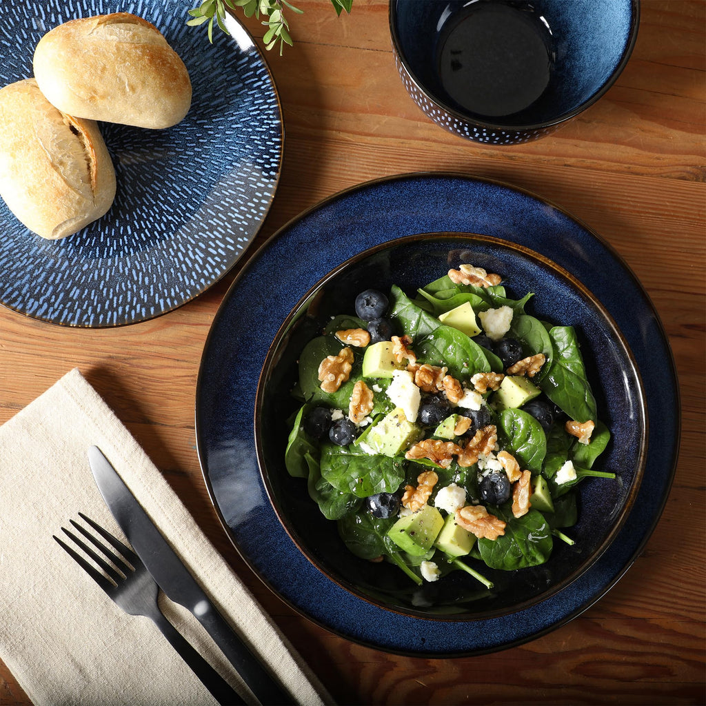 Matisse 16-Piece Dinnerware Set - Double Bowl Reactive Glaze Cereamic Stoneware in Blue - Plates and Bowls Sets