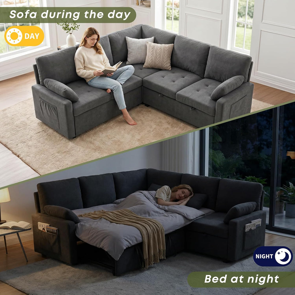 82" Pull Out Couch with Storage, Sleeper Sofa, 5 Seat L Shaped Sectional Couches , Modular Sectional Couch with