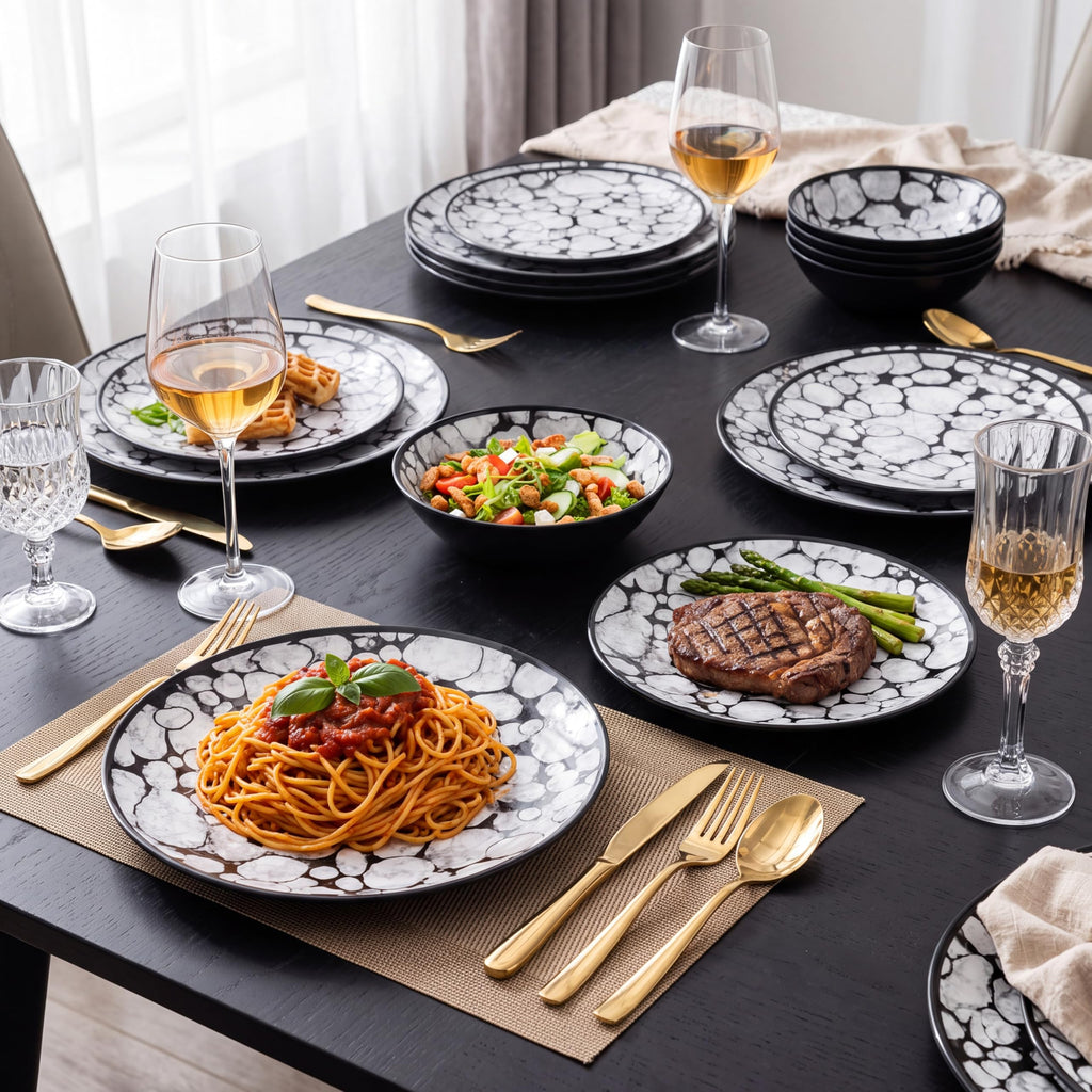 Melamine Dinnerware Set 12pcs, Black and White Plates and Bowls Sets