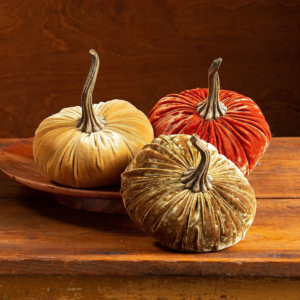 Set of 3 Velvet 6.25 Inch Pumpkins, classic orange pumpkin, Thanksgiving centerpiece, elegant luxe accent for the