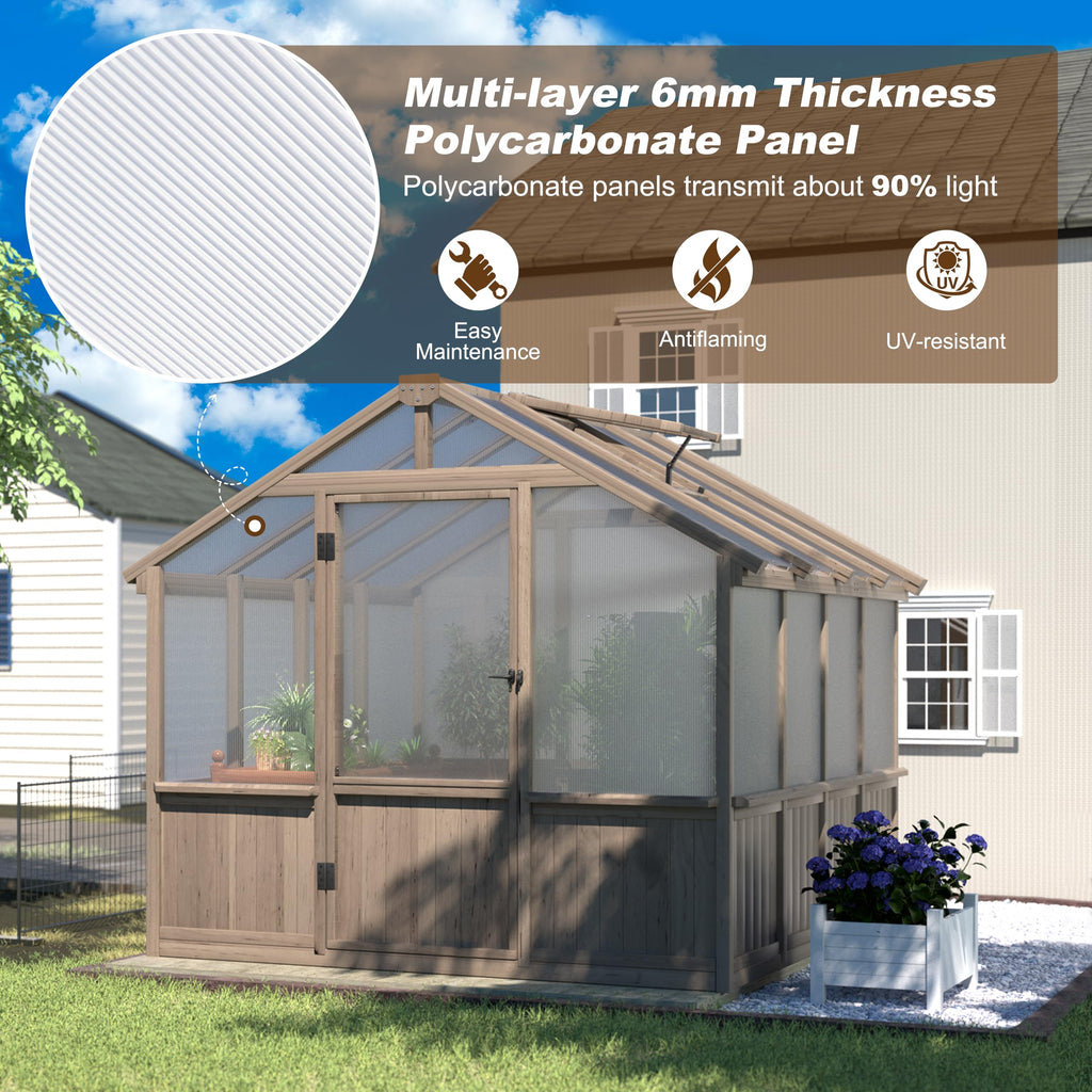 8' x 8' Wooden Polycarbonate Greenhouse with Ventilated Window & Lockable Door, 6mm Polycarbonate Panels for UV