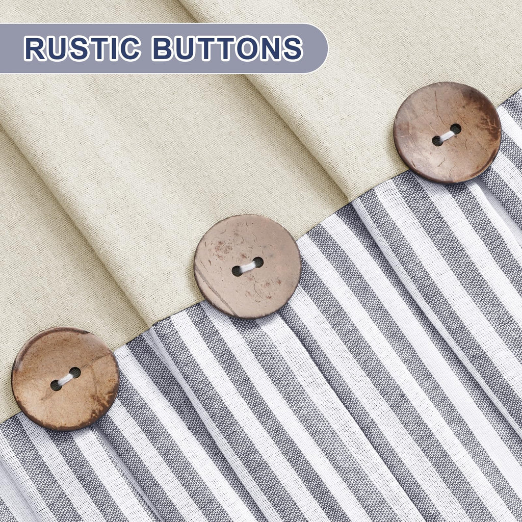 Farmhouse Curtains, Boho Rustic Bedroom Curtains with Buttons, Cotton Linen Blue Stripe Country Window Curtain