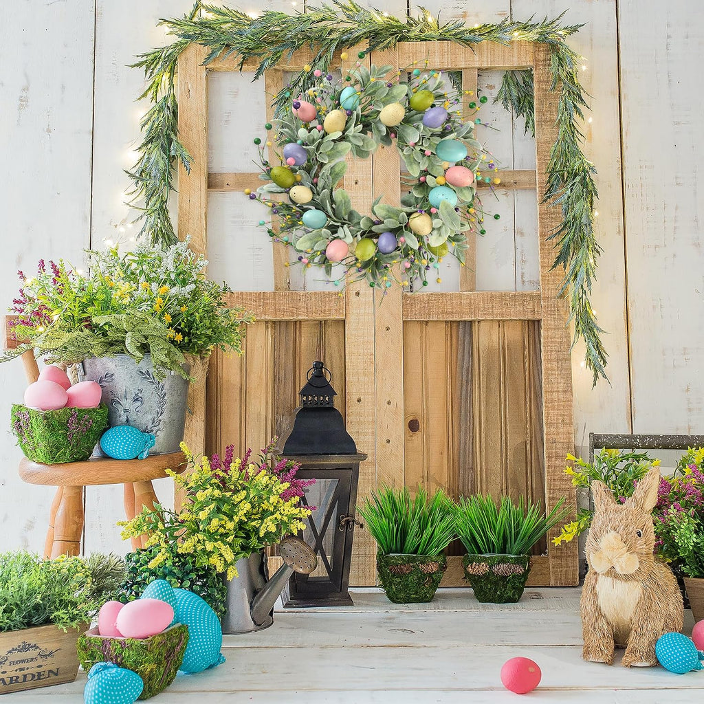 20 Inch Artificial Easter Wreath Spring Wreath with Colorful Eggs Berries Flocked Lambs Ear Leaves for Front Door