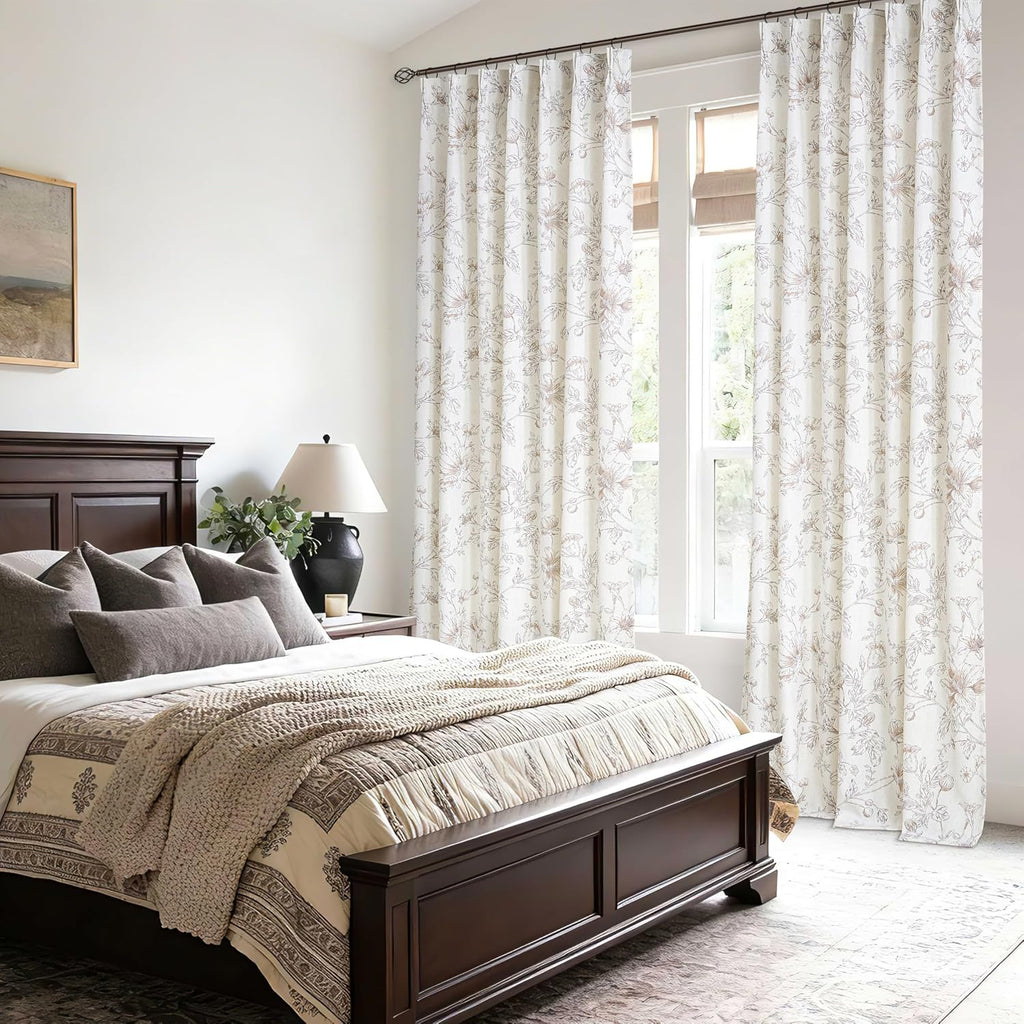 Light Brown Floral Linen Pleated Curtains 84 Inch Long for Bedroom Light Filtering Farmhouse Vintage Peony Lily