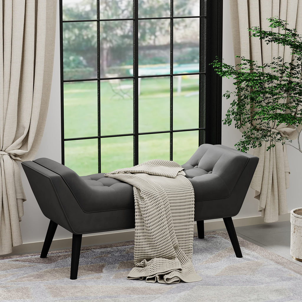 Bed Bench Upholstered Tufted Footstool Entryway Ottoman Bench Two Seaters (Dark Gray)