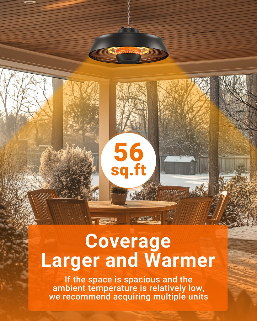 Carbon Infrared Hanging Patio Heater, 3-Second Warmth, Black