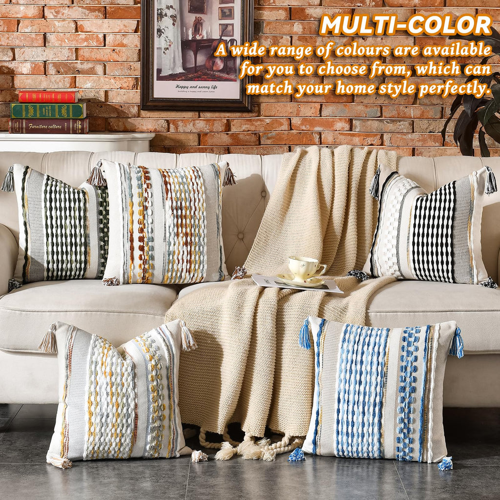 Set of 2 Chenille Striped Textured Boho Throw Pillow Covers Aesthetic with Tassels Woven Decorative Pillow Case for