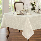 Portofino Scalloped Damask Fabric Tablecloth, 52 x 70 Inch Rectangle, Ivory, Wrinkle and Stain Resis