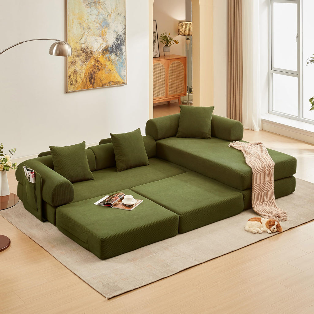 107" Modular Sectional Sofa Bed, L-Shape Corduroy Boneless Couch, Green