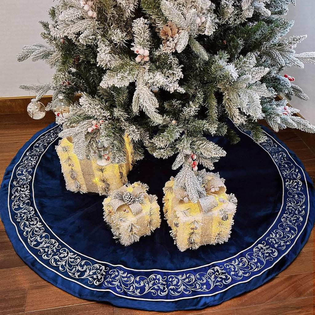 Christmas Tree Skirt 60 inch, Blue Luxury Velvet Plush Faux Fur Extra Large Skirts with Silver Embroidered Vintage