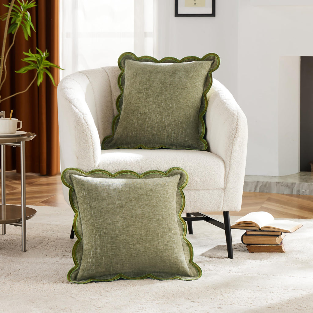 Sage Green Scalloped Pillow Cover Pack of 2 Spring Chenille Decorative Throw Pillow Covers 20x20 Cute Boho Couch