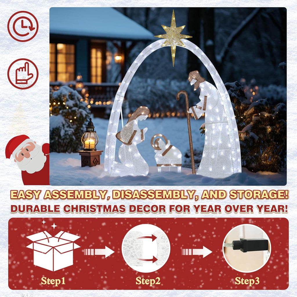 5FT Lighted Nativity Scene Set with 170 LED Lights for Christmas Decoration, Pre-Lit Iridescent Nativity Scene Xmas