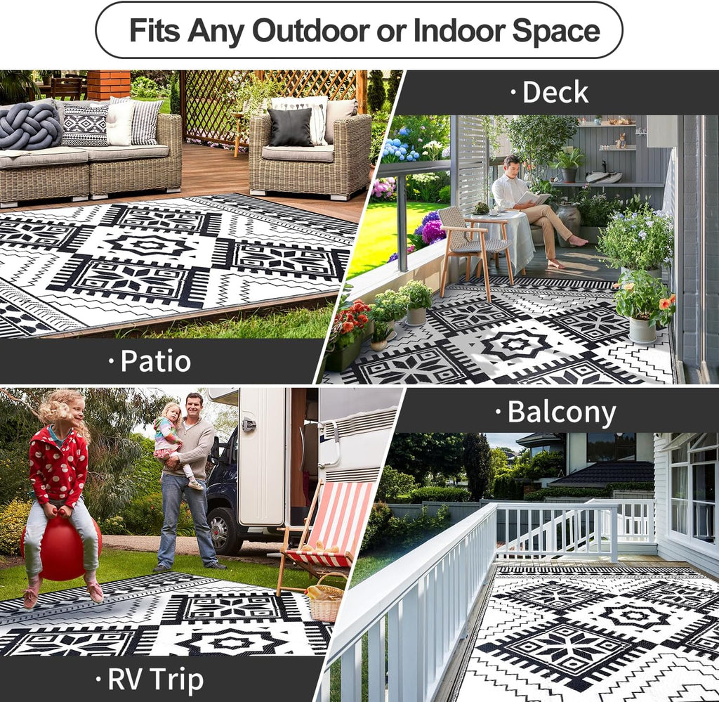 Waterproof Outdoor Rug, Boho Reversible Plastic Straw Mat RV Deck Porch Backyard Balcony Camping Picnic Beach