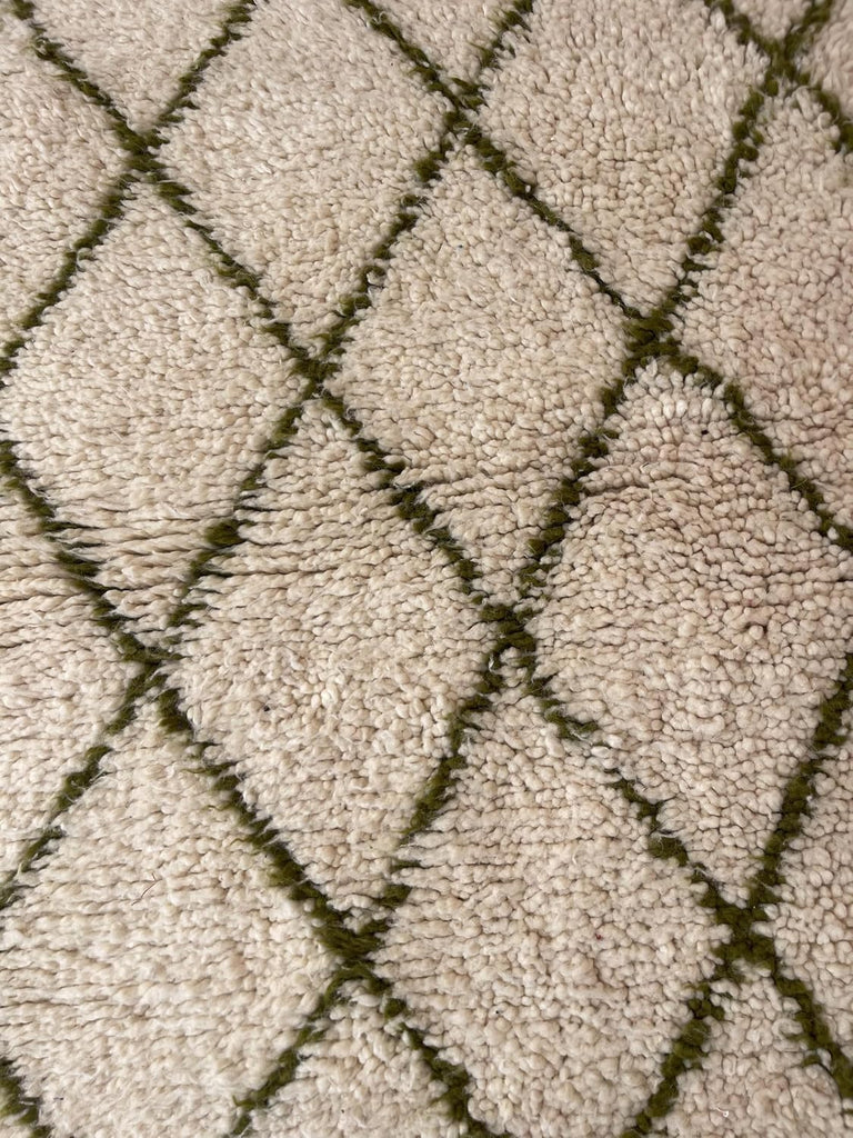Handmade Moroccan Berber Area Rug 3' x 5', 100% Wool High Pile Shag, Beni Ourain Style, Ivory/Cream with Green