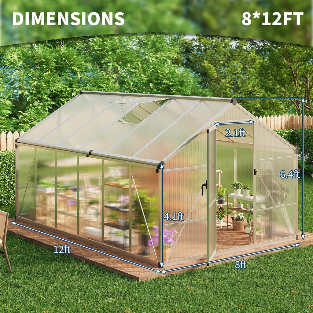 8x12 FT Greenhouse for Outdoors, Polycarbonate Greenhouse with Roof Vent, Ground Nails, Lockable Push Door, Aluminum