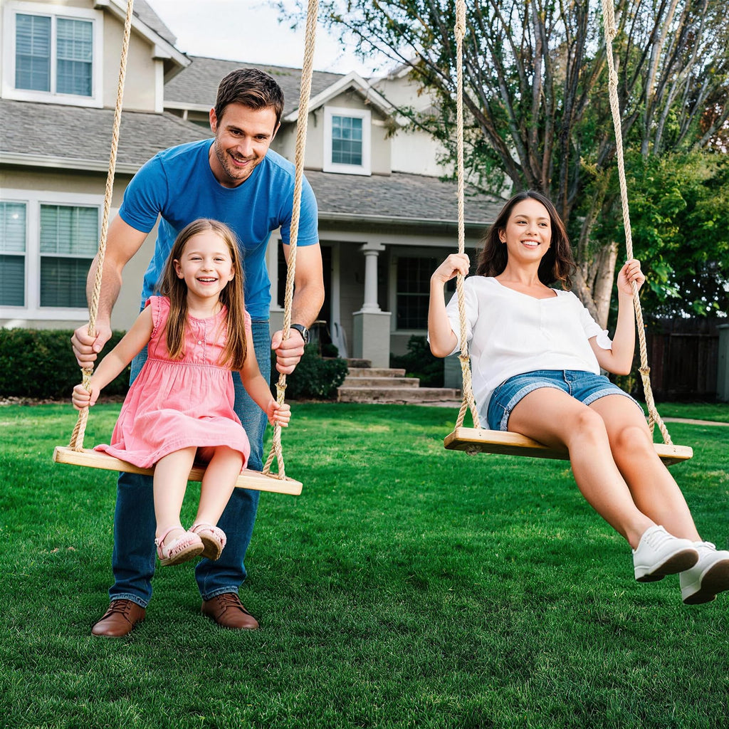 Hanging Wooden Tree Swing with Adjustable Hemp Rope & Tree Straps