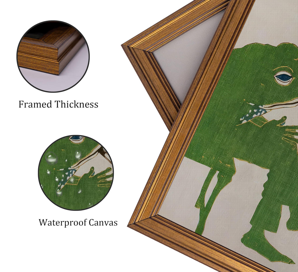 Vintage Gold Framed - Smoking Frog Canvas Wall Art, Retro Japanese Ukiyo-e Style Picture, Whimsical Animal