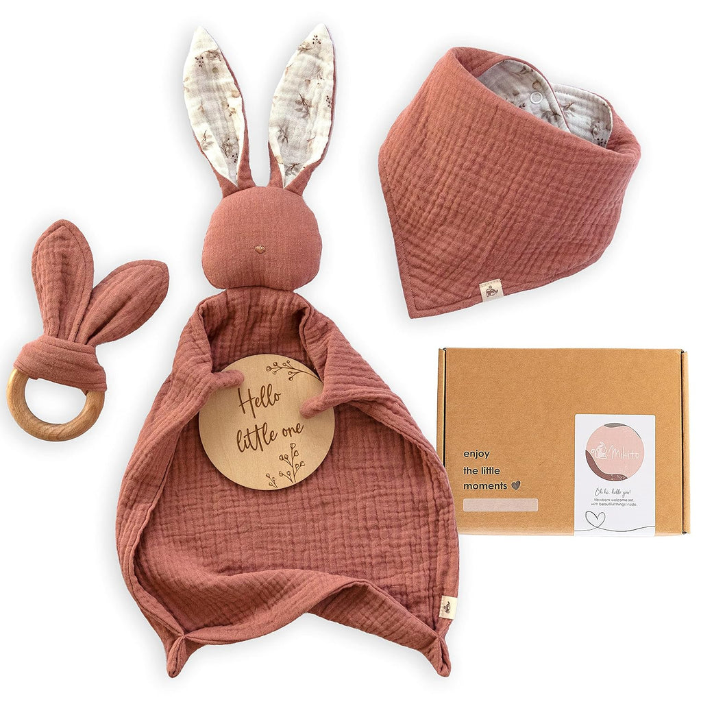 Organic Cotton Newborn Gifts Box, Baby Gifts Unisex incl. Muslin Baby Lovey Comforter (2Pcs) + Baby Bandana Bib Drool