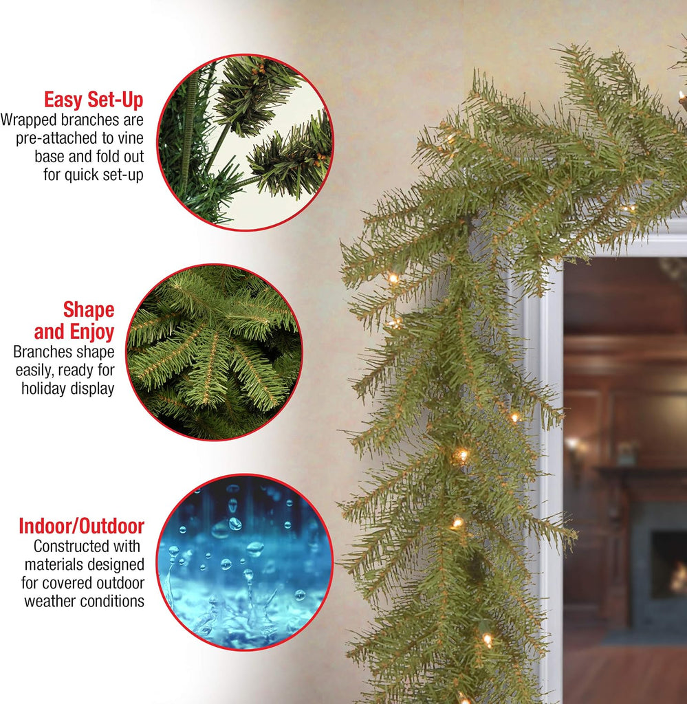 Tree Company 9ft Pre-Lit Norwood Fir Artificial Christmas Garland | 50 Clear Lights, 240 Tips, Green