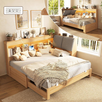 Twin Daybed with Extendable Trundle & Storage Headboard, Natural Oak