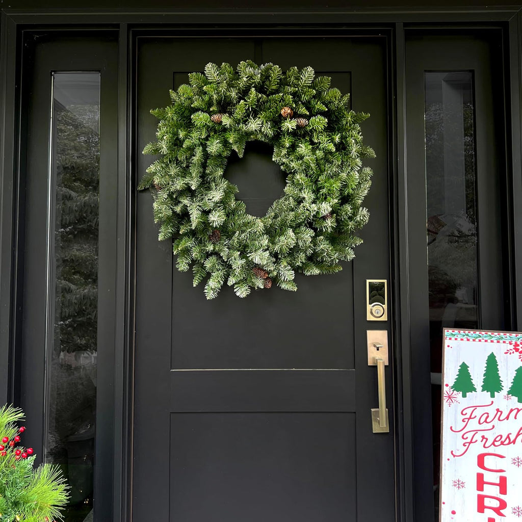 36" Frosted Pine Wreath Door Hanging with Pinecones, No Lights, FFWRA036-0SN, Snow
