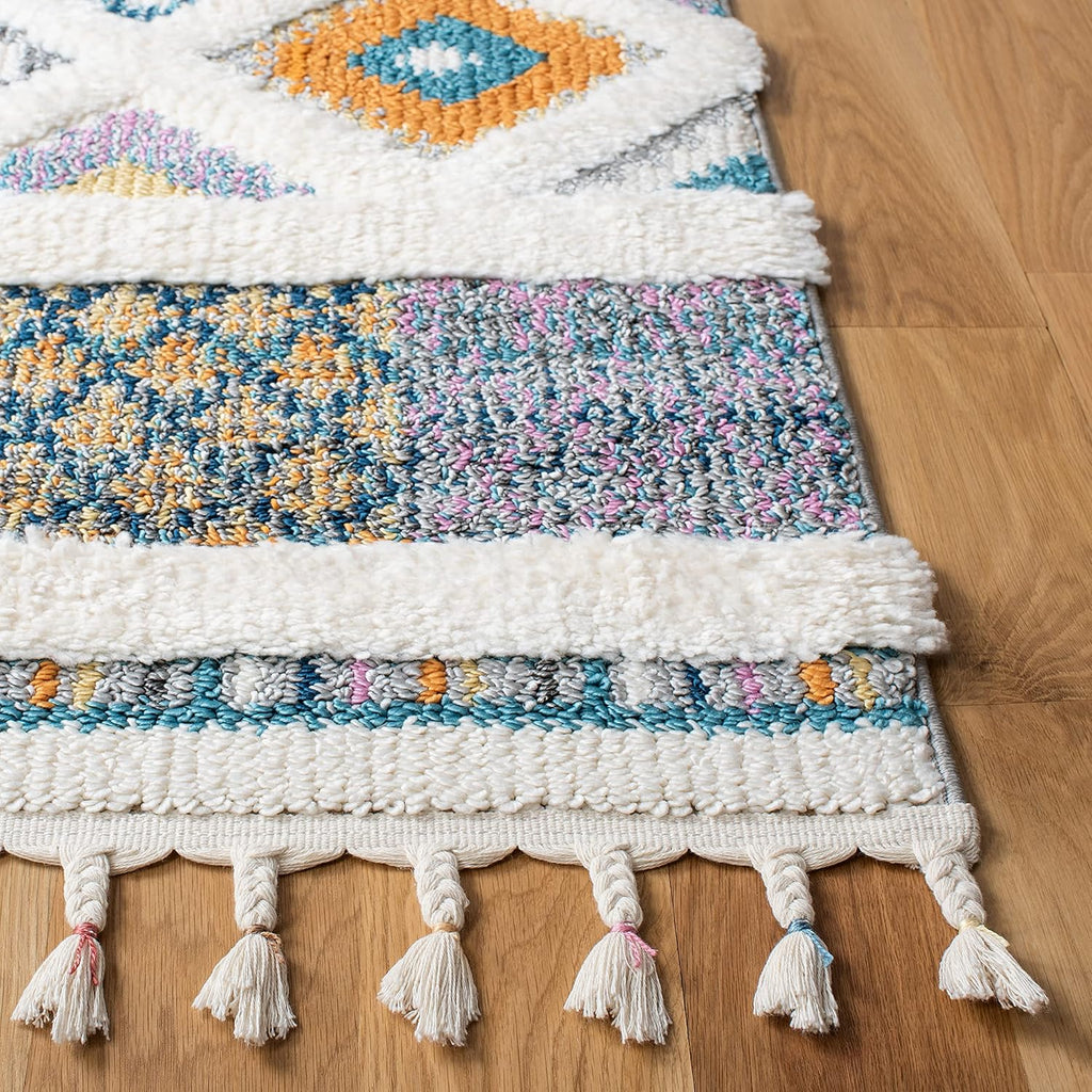 Moroccan Fringe Shag Collection Runner Rug - 2'2" x 8', Ivory & Navy, Boho Design, Non-Shedding & Easy Care, 1.2-inch