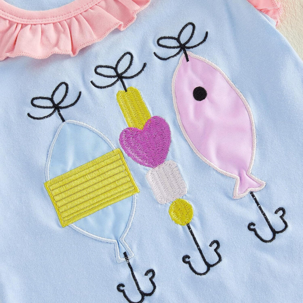 Toddler Baby Girl Fishing Outfit Fish Embroidery T-Shirt Top Striped Ruffle Shorts Set 2Pcs Girls Summer Clothes