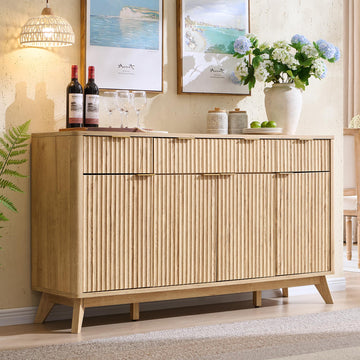 60" Fluted Storage Buffet Sideboard Cabinet with Drawers, Natural Oak