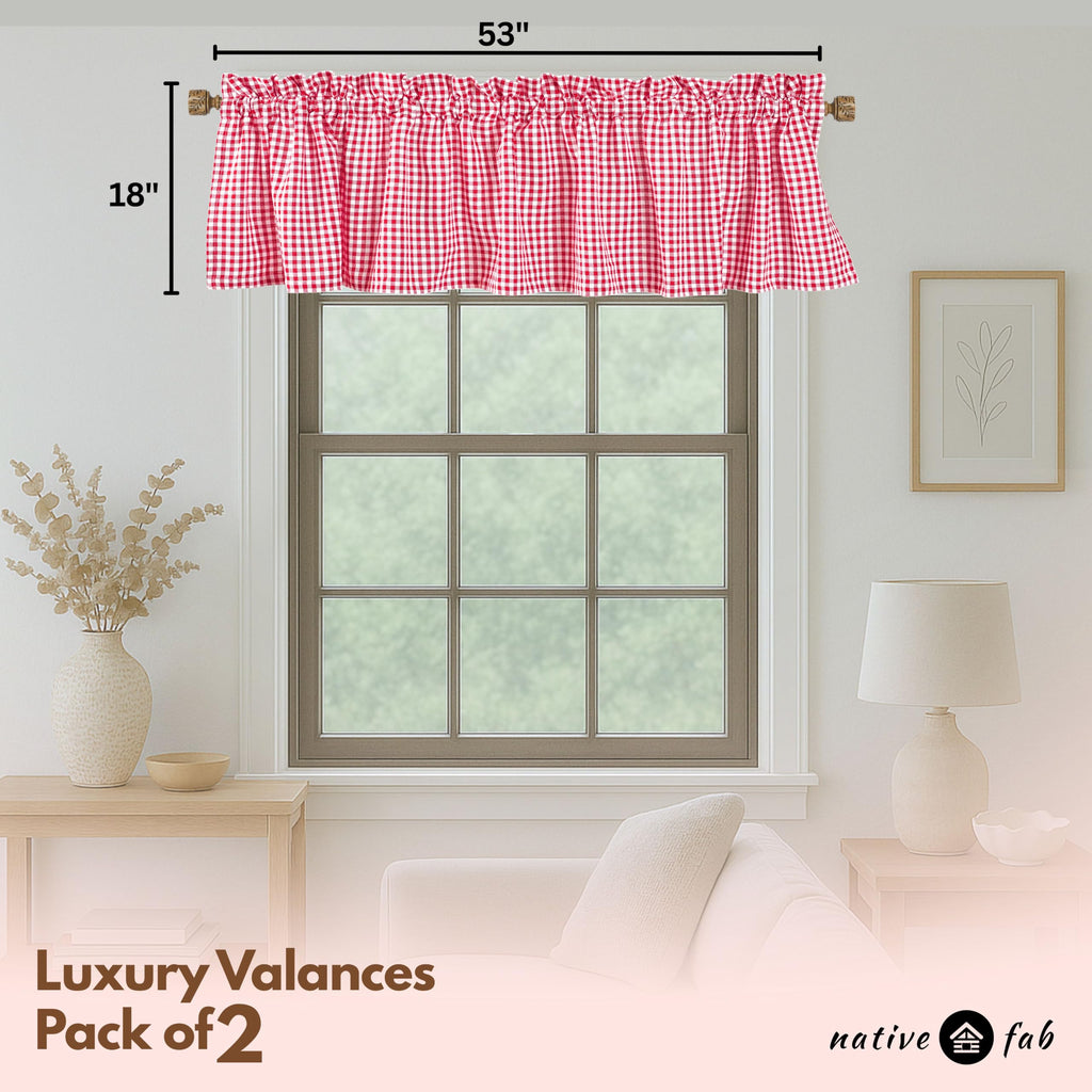Gingham Check 2 Pack Kitchen Valance Set - Rod Pocket - Semi Sheer - Small Window Curtain, Bedroom, Living Room