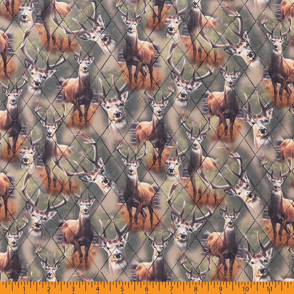 Double Faced Quilted Cotton, White Tail Deer/Stripes Multi