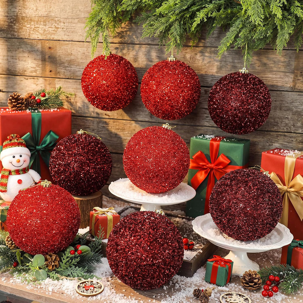 8pcs 6" Large Christmas Balls Tree Ornament, Red Burgundy, Glitter