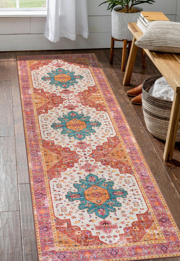 Ultra-Thin Washable Runner Rug - Pink Runners s, Boho Non-Slip Bedroom Rug Runner, Vintage Oriental Medallion