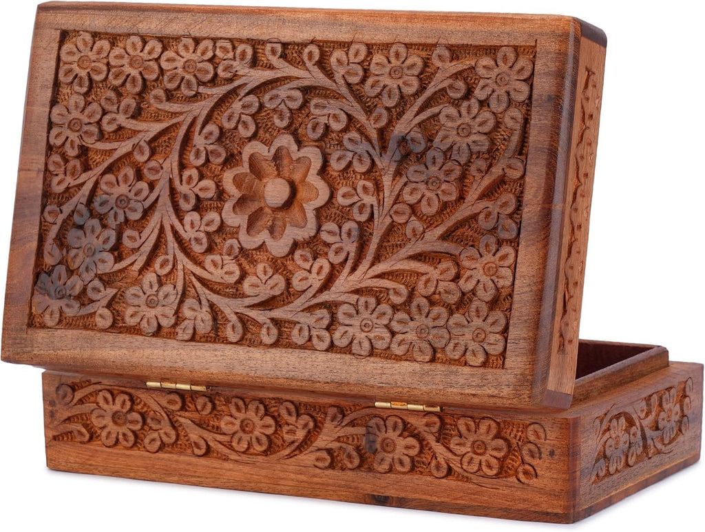 Wooden Jewelry Box Hand Carved Flower Keepsake Chest - 8x5 Inch