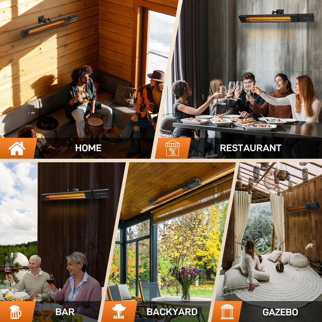 Infrared Heater 1500W with Remote, 2.5s Instant Heat & Memory Function, Electric Patio Heater 4 Heat Levels, IP65