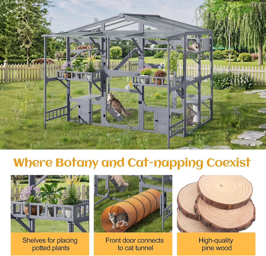 Large Outdoor Catio for 6-10 Cats with 6 Platforms, Climbing Ramp, Resting Box and Scratching Post, Weatherproof