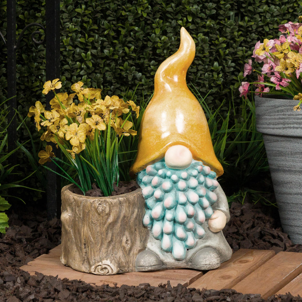 16" Tall Outdoor Yellow Hat Gnome Statue with Drainage Hole Planter, Weatherproof Garden Decor