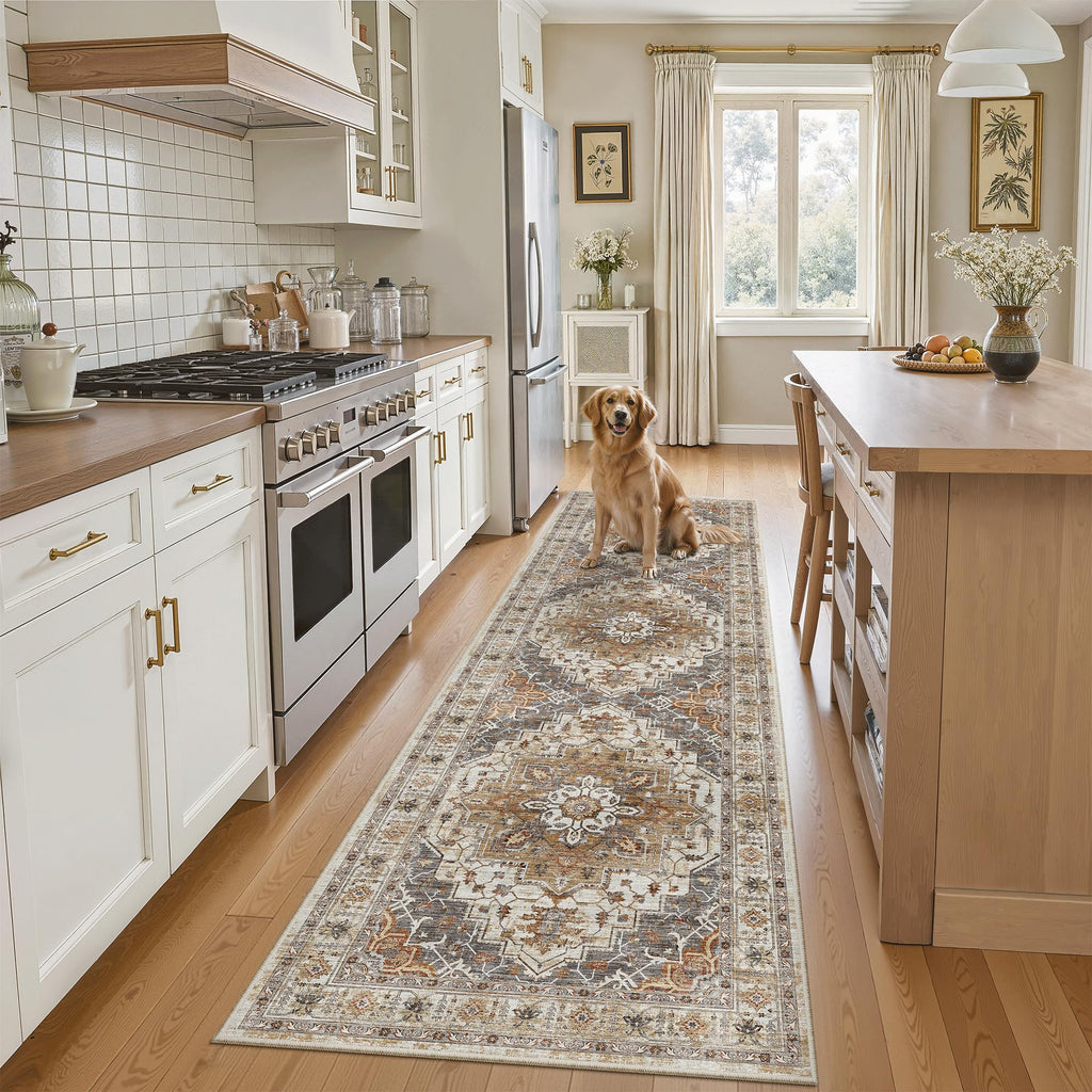 Kitchen Runner Rug 2x7 with Rubber Backing Non Slip, Turmeric/Grey