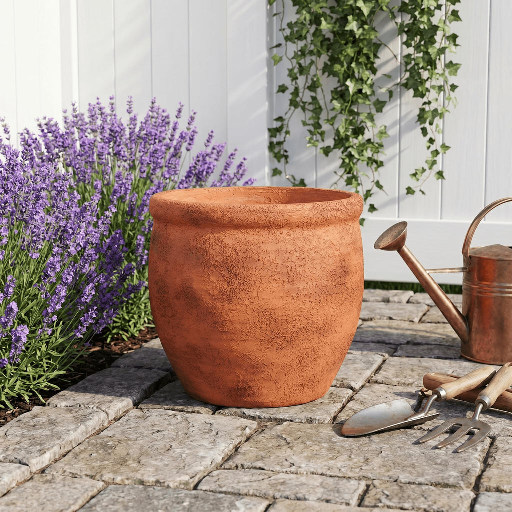 12" Dia Fiberstone Planter - Distressed Terracotta Flower Pot with Textured Matte Finish & Drainage Hole, Rustic