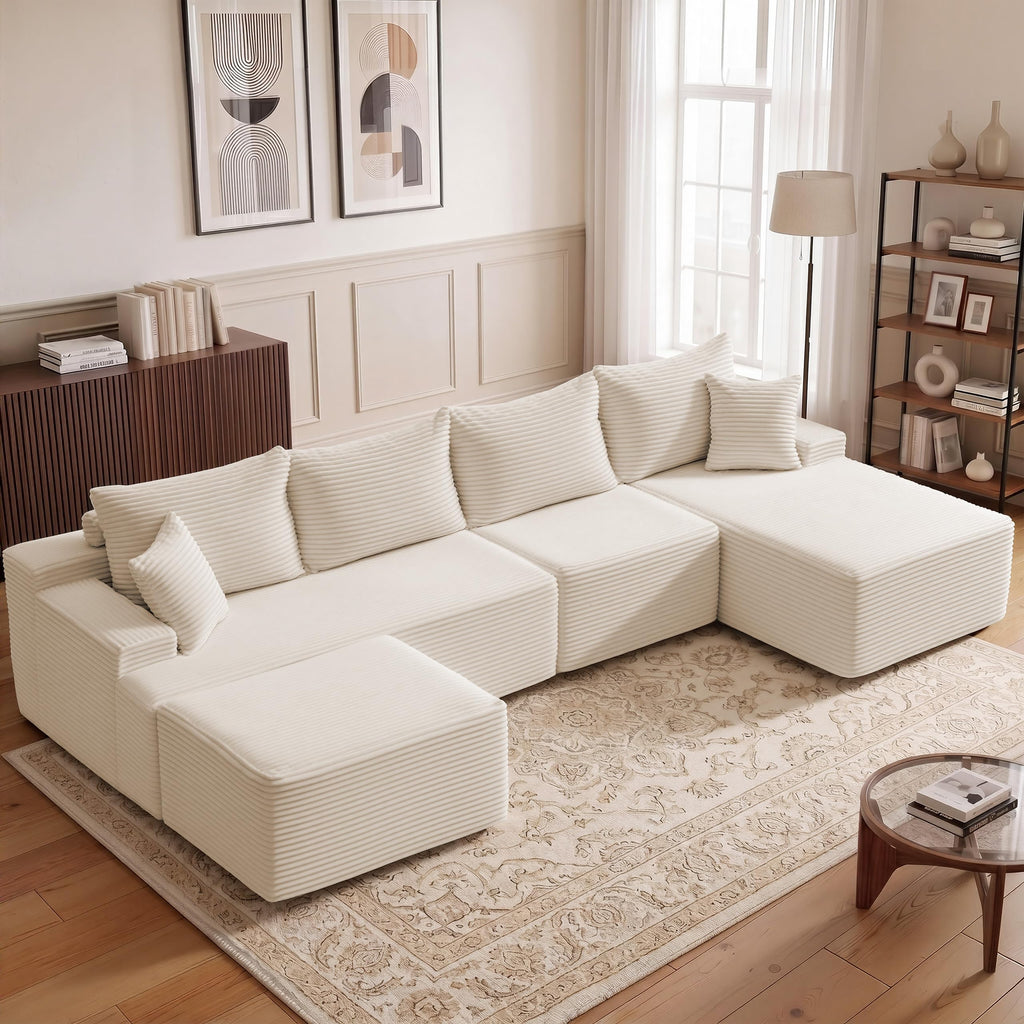 118" Cloud Sectional Boneless Couch, U-Shaped Modular Couch, Beige