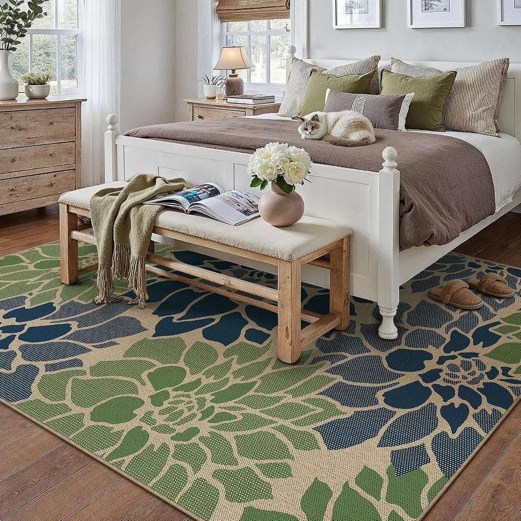 5x8 Navy Green Easy Jute Outdoor Rug Floral Farmhouse Carpet