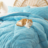 Fluffy Comforter Set King, Light Blue Winter Fleece Comforter Ultra Soft & Extra Pluffy Plush Comforter Set