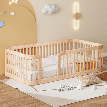 Floor Bed with High Fence & Entrance, Natural Floor Bed for Kids