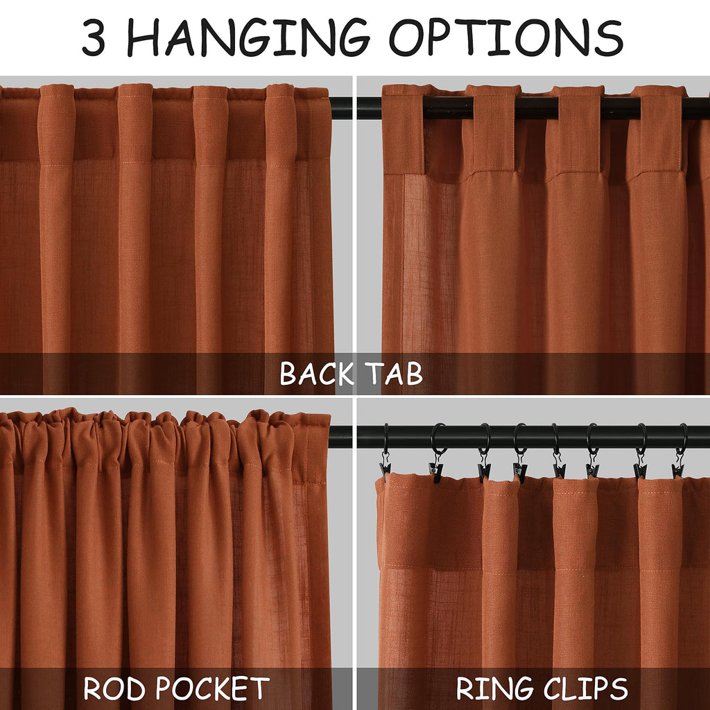 Terracotta Linen Curtains 92 inches Long 2 Panel Set Back Tab Rod Pocket Rustic Farmhouse Boho Curtains Semi Sheer