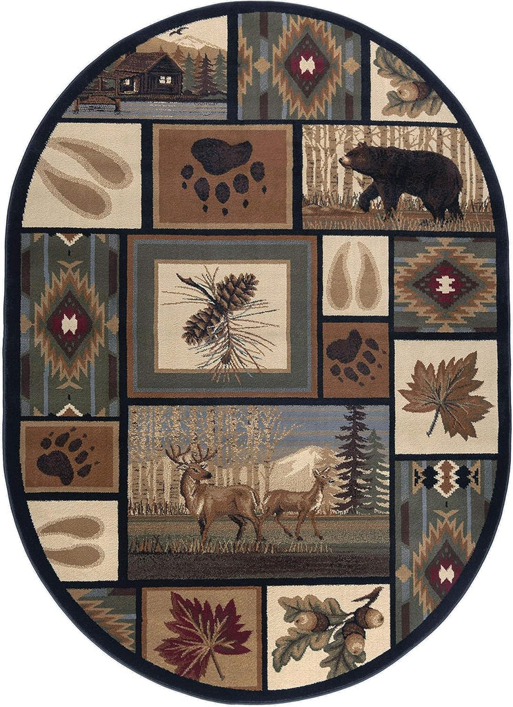 Northern Wildlife Multi-Color Easy Clean Oval Area Rug Bedroom or Dining Room for Farmhouse, Lodge, Cabin Stye