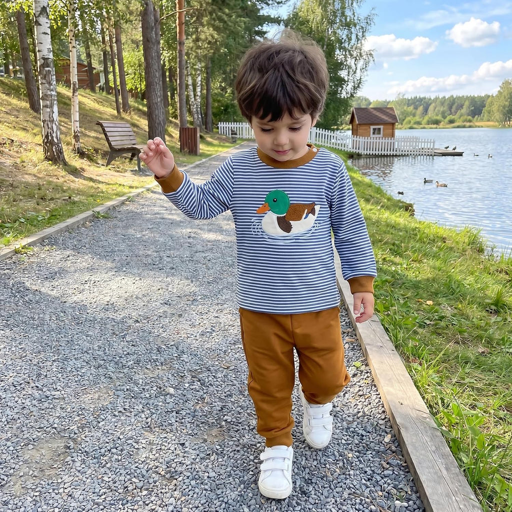Toddler Boy Fall Outfits Duck Embroidery Baby Sweatshirt Pants Set