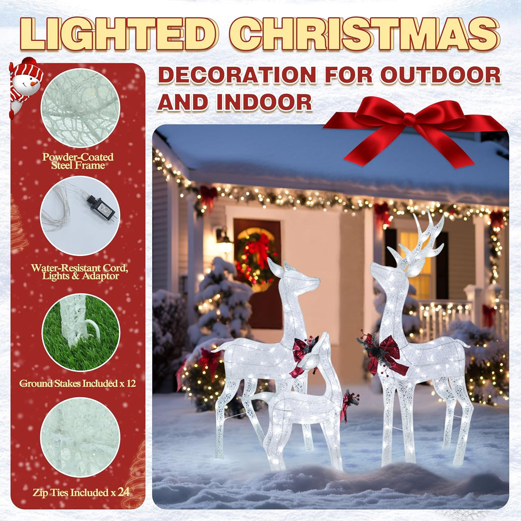 Outdoor Christmas Decoration Lighted Deer Family Set Indoor, Christmas Holiday Yard Decor 3-Piece Set for Lawn