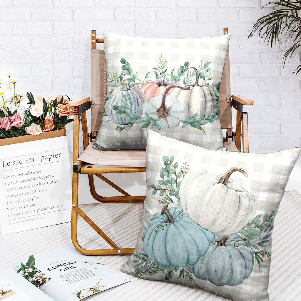 Fall Thanksgiving Pillow Covers 18x18 Set of 2 Watercolor Blue Pink Pumpkin Throw Pillow Covers Grey Plaid Autumn