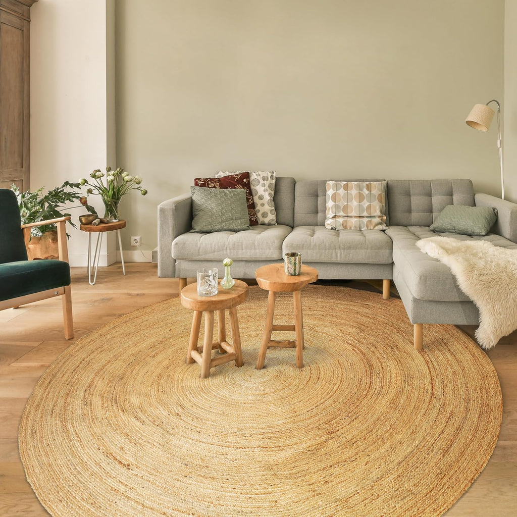 Jute Braided Round Area Rug, Natural, 8 ft | 100% natural jute, hand woven, reversible, boho farmhouse style